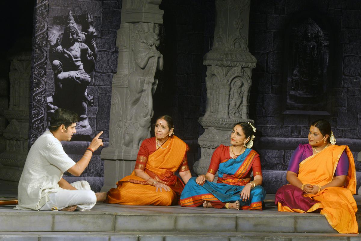 A scene from Madras Players’ English play Kamalakshi that features Sikkil Gurucharan and Sumitra Nitin.